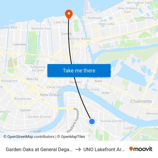 Garden Oaks at General Degaulle to UNO Lakefront Arena map