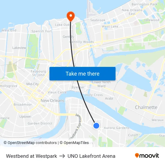 Westbend at Westpark to UNO Lakefront Arena map