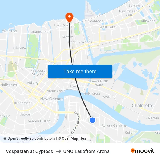 Vespasian at Cypress to UNO Lakefront Arena map