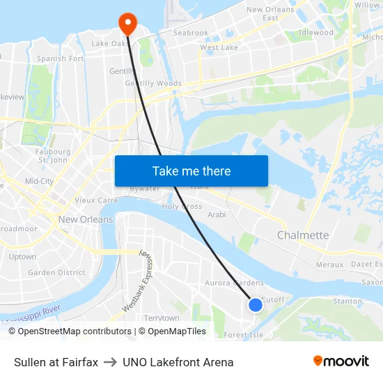 Sullen at Fairfax to UNO Lakefront Arena map
