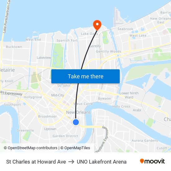 St Charles at Howard Ave to UNO Lakefront Arena map