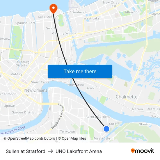 Sullen at Stratford to UNO Lakefront Arena map