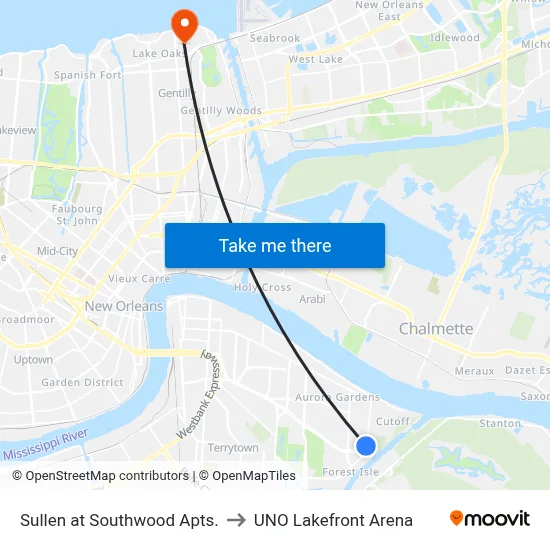 Sullen at Southwood Apts. to UNO Lakefront Arena map