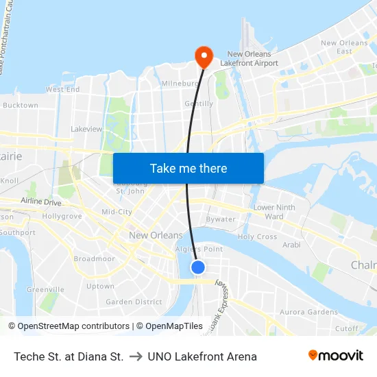 Teche St. at Diana St. to UNO Lakefront Arena map