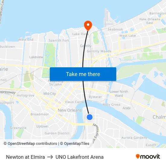 Newton at Elmira to UNO Lakefront Arena map