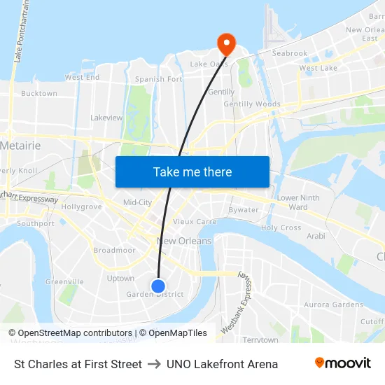 St Charles at First Street to UNO Lakefront Arena map