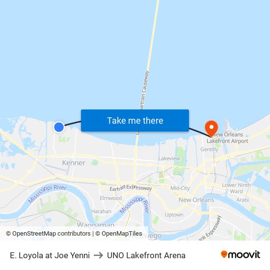 E. Loyola at Joe Yenni to UNO Lakefront Arena map