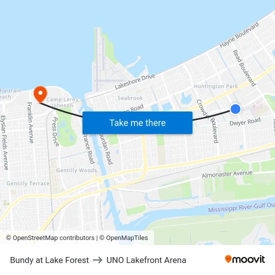 Bundy at Lake Forest to UNO Lakefront Arena map