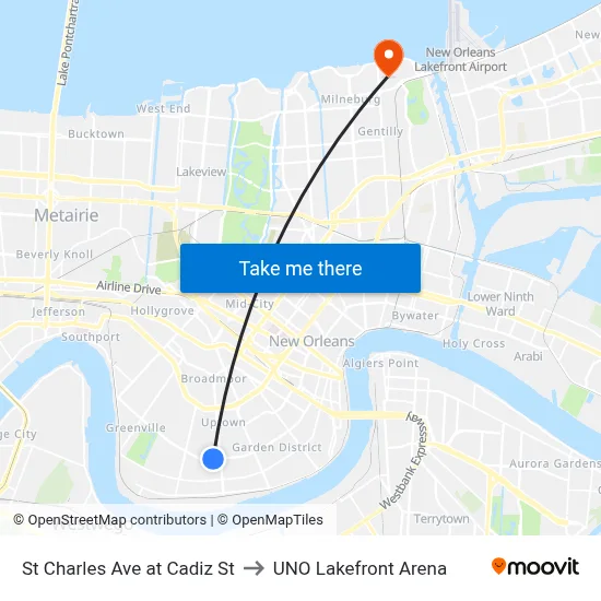 St Charles Ave at Cadiz St to UNO Lakefront Arena map