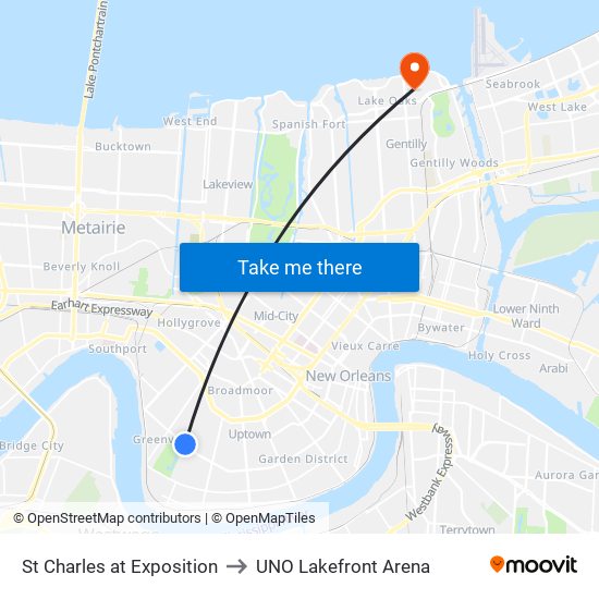 St Charles at Exposition to UNO Lakefront Arena map