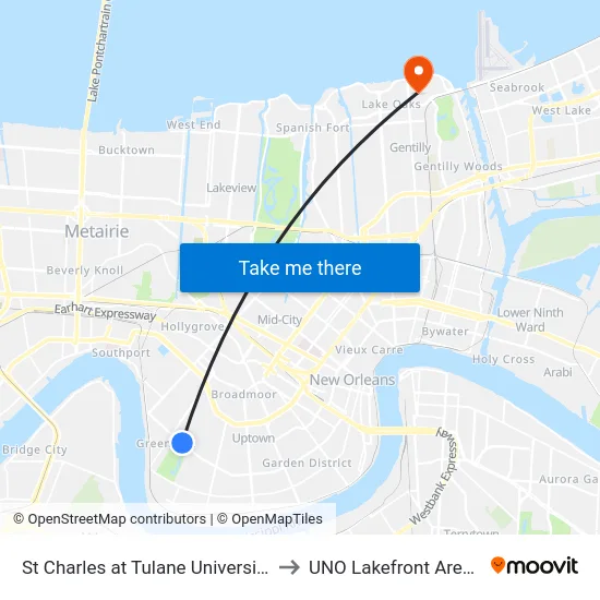 St Charles at Tulane University to UNO Lakefront Arena map