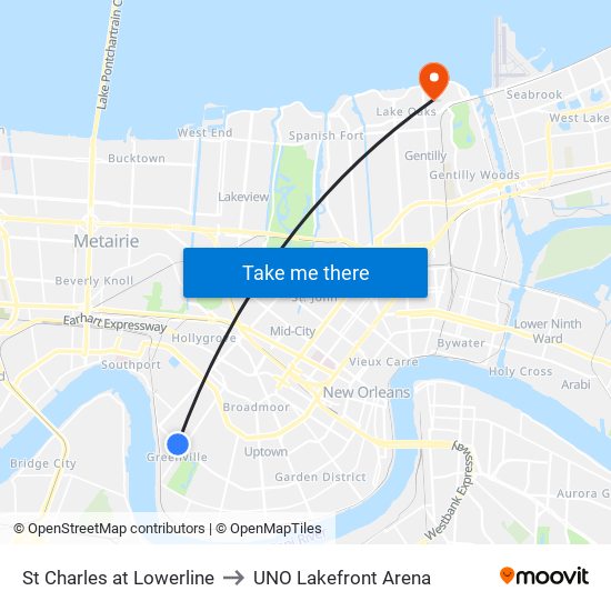 St Charles at Lowerline to UNO Lakefront Arena map