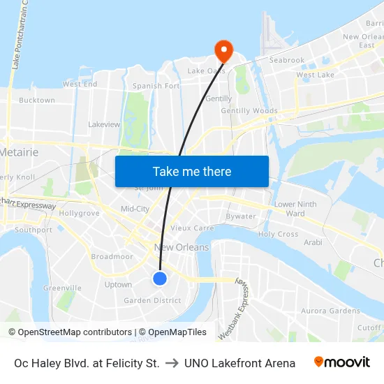 Oc Haley Blvd. at Felicity St. to UNO Lakefront Arena map