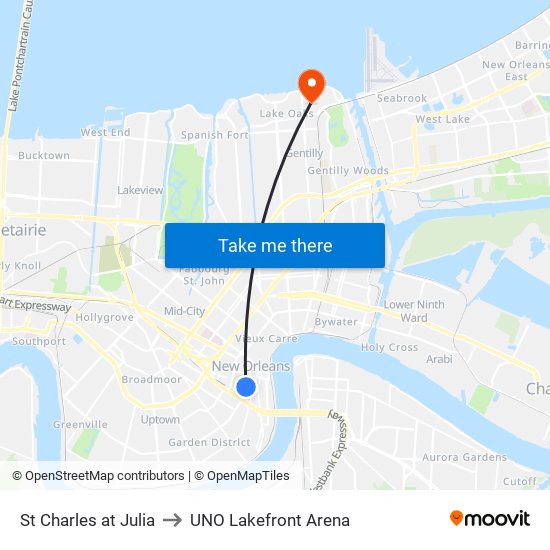 St Charles at Julia to UNO Lakefront Arena map