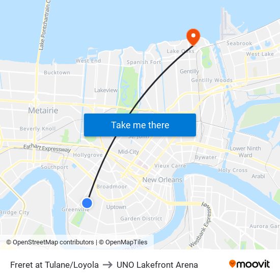 Freret at Tulane/Loyola to UNO Lakefront Arena map