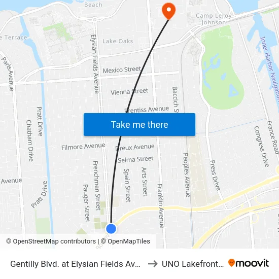 Gentilly Blvd. at Elysian Fields Ave. (Nearside) to UNO Lakefront Arena map