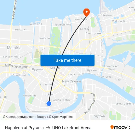 Napoleon at Prytania to UNO Lakefront Arena map