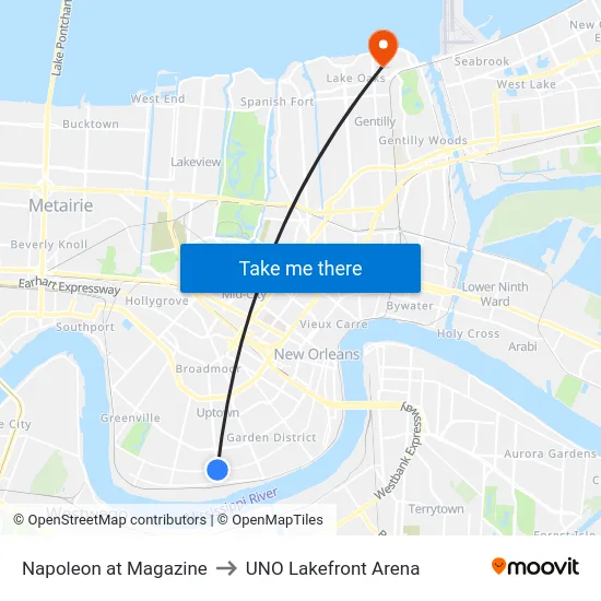 Napoleon at Magazine to UNO Lakefront Arena map