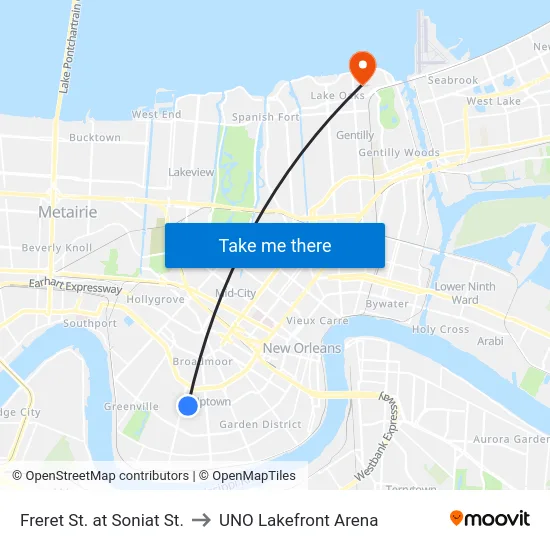 Freret St. at Soniat St. to UNO Lakefront Arena map