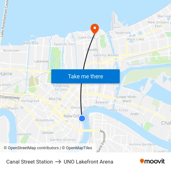 Canal Street Station to UNO Lakefront Arena map
