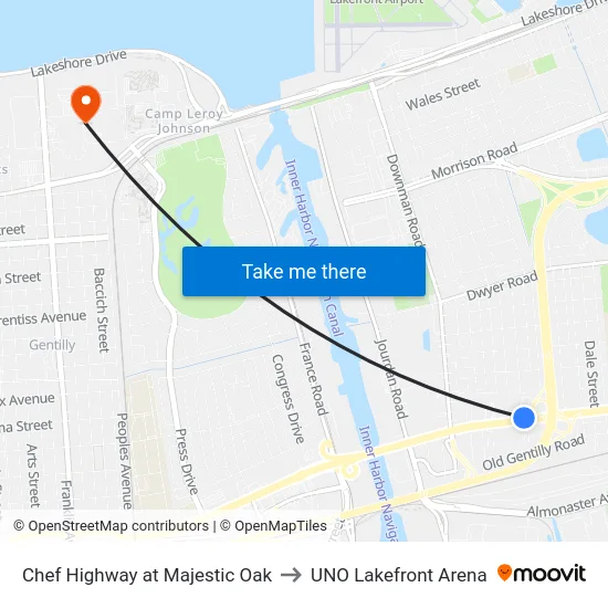 Chef Highway at Majestic Oak to UNO Lakefront Arena map