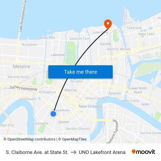 S. Claiborne Ave. at State St. to UNO Lakefront Arena map