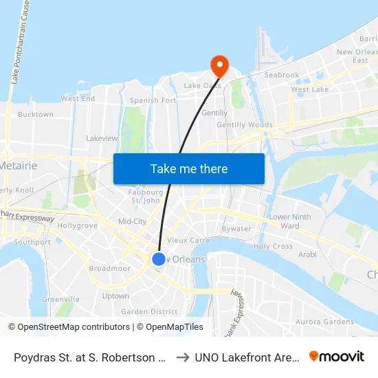 Poydras St. at S. Robertson St. to UNO Lakefront Arena map