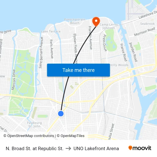 N. Broad St. at Republic St. to UNO Lakefront Arena map