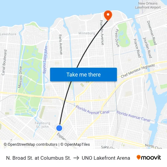 N. Broad St. at Columbus St. to UNO Lakefront Arena map