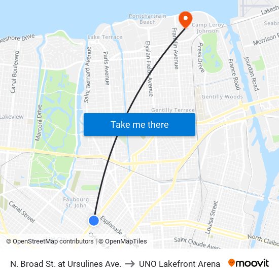 N. Broad St. at Ursulines Ave. to UNO Lakefront Arena map