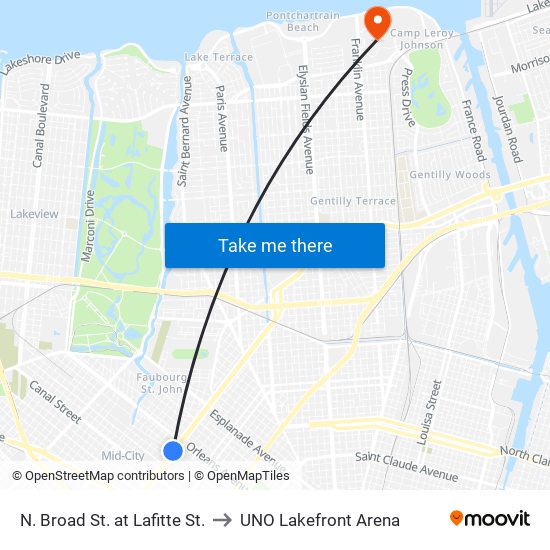 N. Broad St. at Lafitte St. to UNO Lakefront Arena map