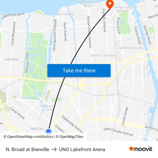 N. Broad at Bienville to UNO Lakefront Arena map