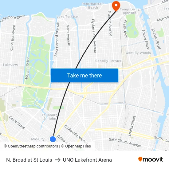 N. Broad at St Louis to UNO Lakefront Arena map