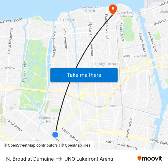 N. Broad at Dumaine to UNO Lakefront Arena map