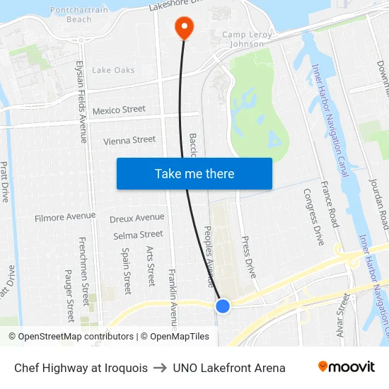 Chef Highway at Iroquois to UNO Lakefront Arena map