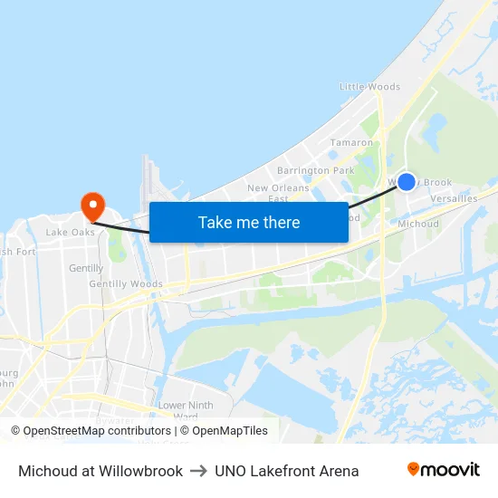Michoud at Willowbrook to UNO Lakefront Arena map