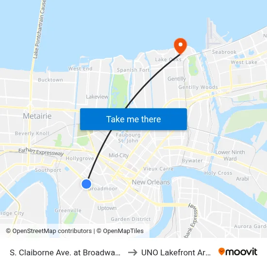 S. Claiborne Ave. at Broadway St. to UNO Lakefront Arena map