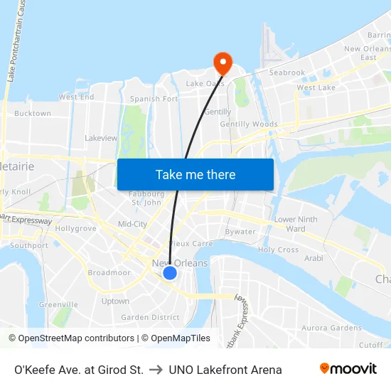 O'Keefe Ave. at Girod St. to UNO Lakefront Arena map