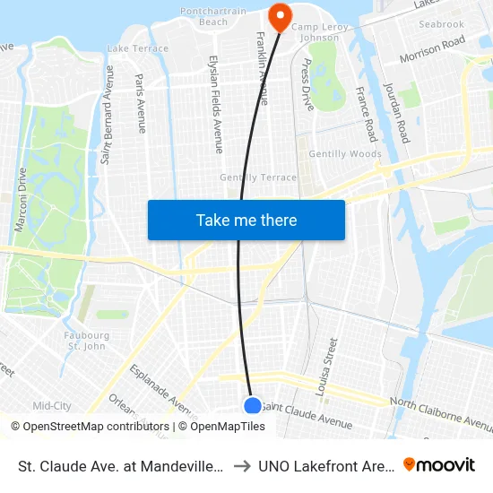 St. Claude Ave. at Mandeville St. to UNO Lakefront Arena map