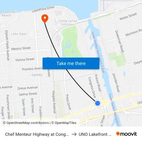 Chef Menteur Highway at Congress Dr. to UNO Lakefront Arena map
