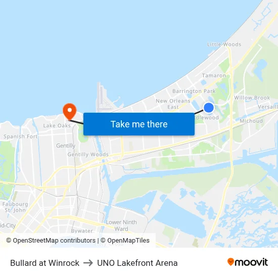 Bullard at Winrock to UNO Lakefront Arena map