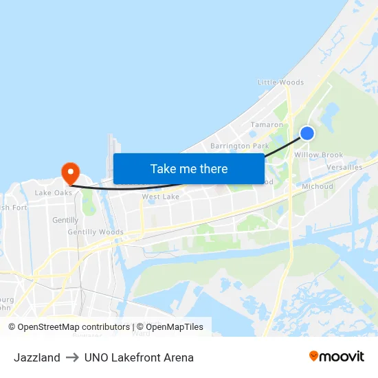 Jazzland to UNO Lakefront Arena map