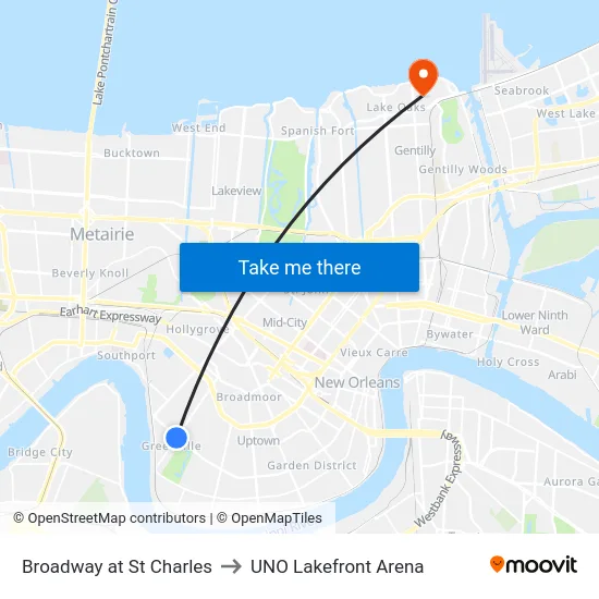 Broadway at St Charles to UNO Lakefront Arena map