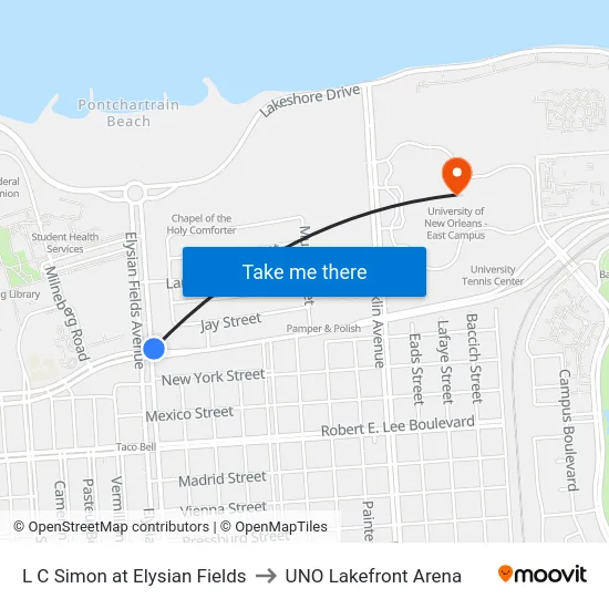 L C Simon at Elysian Fields to UNO Lakefront Arena map