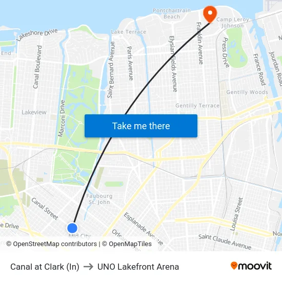 Canal at Clark (In) to UNO Lakefront Arena map