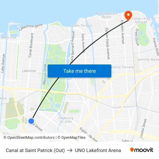 Canal at Saint Patrick (Out) to UNO Lakefront Arena map