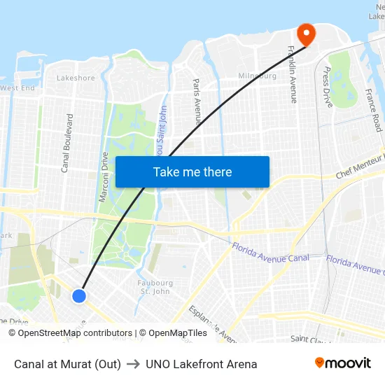 Canal at Murat (Out) to UNO Lakefront Arena map
