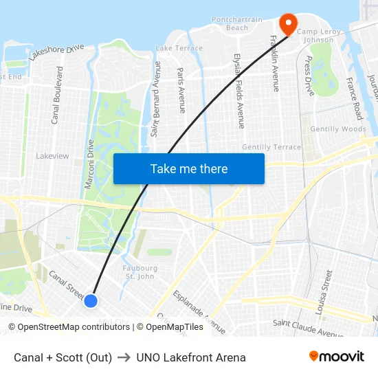Canal + Scott (Out) to UNO Lakefront Arena map