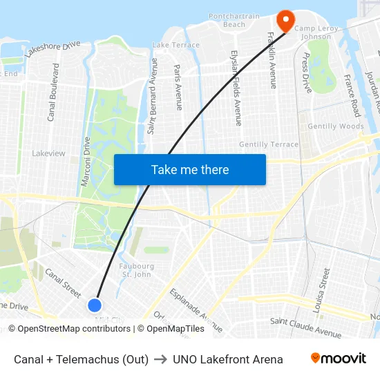 Canal + Telemachus (Out) to UNO Lakefront Arena map
