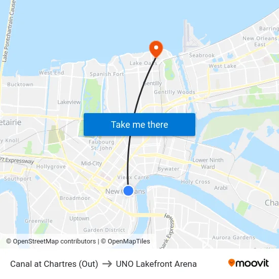 Canal at Chartres (Out) to UNO Lakefront Arena map